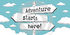 Adventure starts here - outline signpost with three arrows