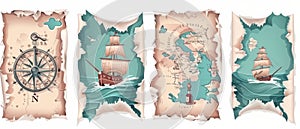 Adventure symbols set modern illustration. Treasure chest anchor lighthouse compass map spyglass bottle of rum and