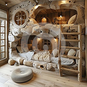 Adventure-themed kids bedroom with a loft bed and imaginative play areas