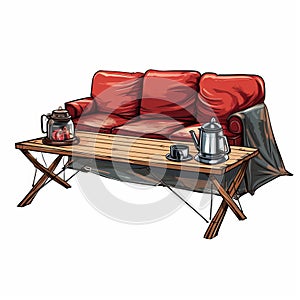 Adventure Themed Red Couch Table And Kettle Illustration photo