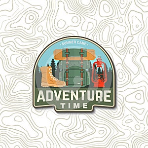 Adventure time patch. Vector. Concept for shirt, logo, print, stamp or tee. Vintage typography design with hiking boot