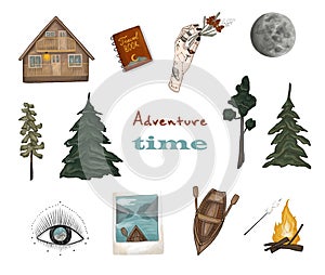 Adventure Time. Travel, forest cabin, notebook, pine trees, the moon, mountains, magic symbols, a boat, a bonfire