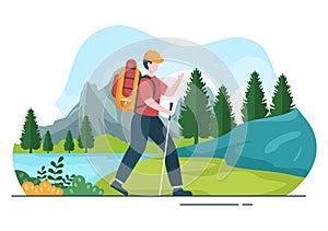 Adventure Tour on the Theme of Climbing, Trekking, Hiking, Walking or Vacation with Forest and Mountain Views in Illustration