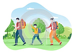 Adventure Tour on the Theme of Climbing, Trekking, Hiking, Walking or Vacation with Forest and Mountain Views in Illustration