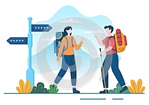 Adventure Tour on the Theme of Climbing, Trekking, Hiking, Walking or Vacation with Forest and Mountain Views in Illustration