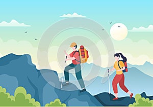 Adventure Tour on the Theme of Climbing, Trekking, Hiking, Walking or Vacation with Forest and Mountain Views in Illustration