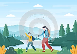 Adventure Tour on the Theme of Climbing, Trekking, Hiking, Walking or Vacation with Forest and Mountain Views in Illustration
