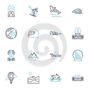 Adventure tourism linear icons set. Expedition, Trekking, Canoeing, Rafting, Mountaineering, Safari, Climbing line