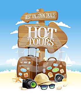 Adventure tours, best vacation, vector touristic design concept with travel bags, sunglasses, hat and photo camera