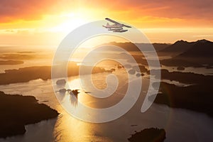 Adventure Travel Composite with Seaplane Flying over the ocean
