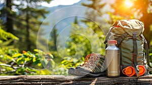 Adventure travel concept hiking bag and shoes on mountain with copy space for text placement