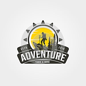 Adventure travel hike logo vector symbol with sunset illustration design, vintage style