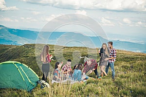 Adventure travel hike and tourism people concept. Countryside hiking. Students on summer vacation.