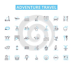 Adventure travel linear icons set. Trek, Explore, Expeditions, Rafting, Safari, Mountaineering, Backpacking line vector