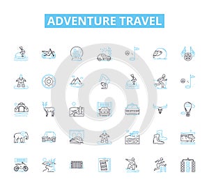 Adventure travel linear icons set. Trek, Explore, Expeditions, Rafting, Safari, Mountaineering, Backpacking line vector