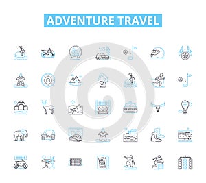 Adventure travel linear icons set. Trek, Explore, Expeditions, Rafting, Safari, Mountaineering, Backpacking line vector photo