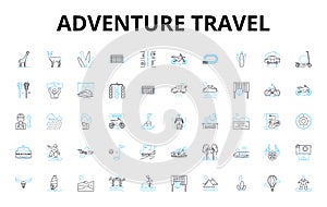 Adventure travel linear icons set. Trek, Explore, Expeditions, Rafting, Safari, Mountaineering, Backpacking vector