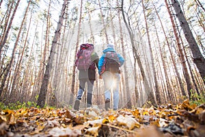 Adventure, travel, tourism, hike and people concept - smiling couple walking with backpacks over autumn natural