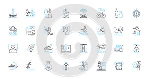 Adventure trip linear icons set. Hiking, Camping, Kayaking, Climbing, Rafting, Trekking, Biking line vector and concept photo