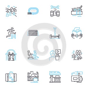 Adventure trip linear icons set. Hiking, Camping, Kayaking, Climbing, Rafting, Trekking, Biking line vector and concept photo