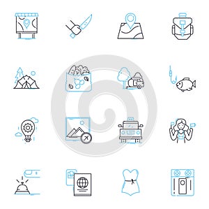 Adventure trips linear icons set. Expedition, Safari, Trekking, Exploration, Rafting, Climbing, Hiking line vector and