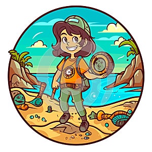 Adventure trips to the countryside. Finding Geocaching treasures on the beach. Cartoon vector illustration. isolated background,