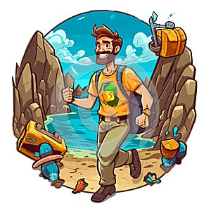 Adventure trips to the countryside. Finding Geocaching treasures on the beach. Cartoon vector illustration. isolated background,