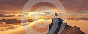 Adventure Woman Hiker Standing on a peak. Mountain Landscape in Background. Dramatic Sunset.