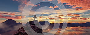 Adventure Woman Hiker Standing on a peak. Mountain Landscape in Background. Dramatic Sunset.