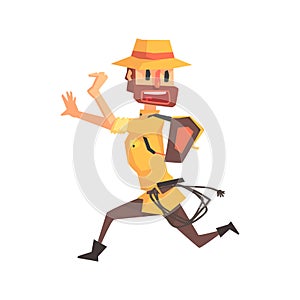 Adventurer Archeologist In Safari Outfit And Hat Running Away Illustration From Funny Archeology Scientist Series
