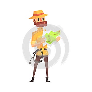 Adventurer Archeologist In Safari Outfit And Hat Studying The Map Illustration From Funny Archeology Scientist Series