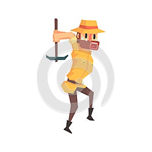 Adventurer Archeologist In Safari Outfit And Hat Working With Pick Axe Illustration From Funny Archeology Scientist