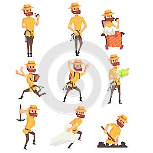 Adventurer Archeologist In Safari Suit With A Whip Set Of Activity Illustrations