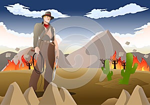 Adventurer cowboy hold whip in burning prairie