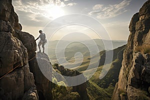 adventurer rappelling down cliff face, with stunning view of the valley below