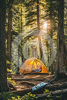 Adventurers camping in scenic wilderness locations in mountain.
