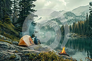 Adventurers camping in scenic wilderness locations in mountain.