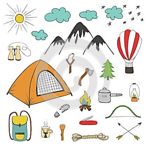 Adventures, camping, travel hand drawn design elements