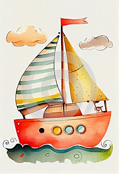 Adventures on the High Seas: A Colorful Children\'s Book Illustration of Sailing Ships and Boats
