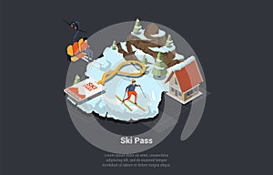 Adventures, Hiking, Exploring Concept. Man And Woman Skiing Downhill And Using Chairlift And Ski Pass. Luxury Mountains