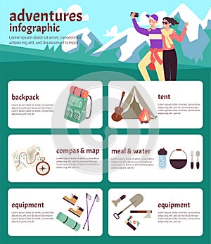 Adventures infographic set with tourist equipment, flat vector illustration.