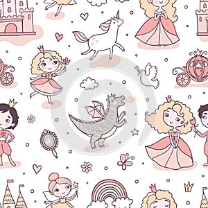 Adventures of princess children fairy tale seamless pattern