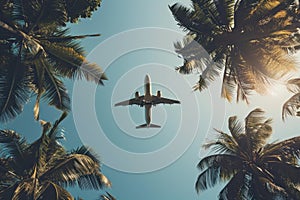 Adventurous Airplane over tropical palm. Generate Ai