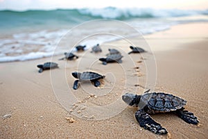Adventurous Baby turtles on beach sand. Generate ai