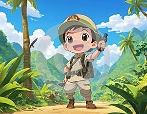 Adventurous Boy in Jungle Cartoon