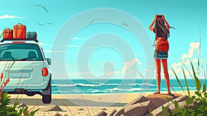 An adventurous cartoon background illustration of a young woman taking a photo on a beach road while on vacation. Sea