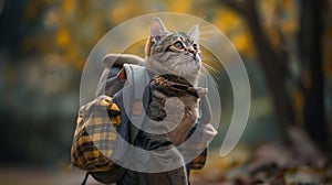 Adventurous cat, clad in travel gear and a backpack, explores natures wonders, embodying curiosity and wanderlust in its journey