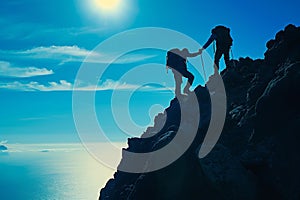 Adventurous Couple Climbing Up a Mountain, Pushing limits together, a hiker helps his mate up a steep mountain, AI Generated