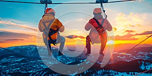 Adventurous couple zip-lining through lush forest canopies on a nature excursion during their summer vacation