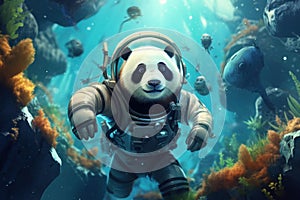 Adventurous Cute panda astronaut in cosmonautic equipment. Generate ai